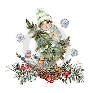 Watercolor winter vintage illustration, Cute little girl in white hat holds Christmas tree, New Year greeting card of fir branches