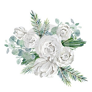 Watercolor winter white floral bouquet. Soft rose and peonies, eucalyptus branch, winter greenery fir tree branch, foliage
