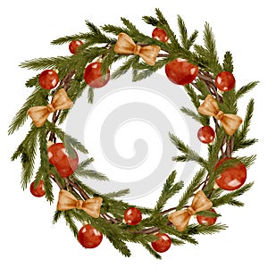 Watercolor winter wreath with fir branches, red Christmas tree balls, golden ribbon bows isolated on white background