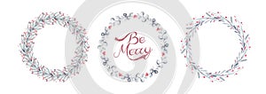 Watercolor winter wreath frame set. Branches with red holly berries. Round New year and Christmas frames with place for date,