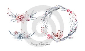 Watercolor winter wreath frame set. Branches with red holly berries. Round New year and Christmas frames with place for date,