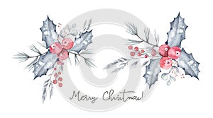 Watercolor winter wreath frame set. Branches with red holly berries. Round New year and Christmas frames with place for date,