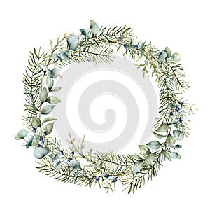 Watercolor winter wreath with juniper and eucalyptus branch. Hand painted berries and leaves composition isolated on white