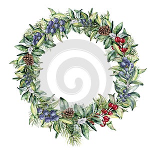 Watercolor winter wreath with red berries and juniper. Hand painted snowberry and eucalyptus branch isolated on white