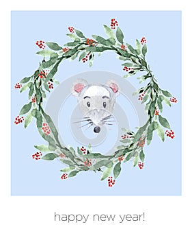 Watercolor winter wreath with red berries and mouse