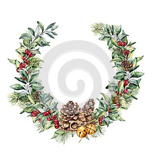 Watercolor winter wreath with red berries and pine cone. Hand painted snowberry and eucalyptus branch, gold bells