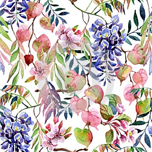 Watercolor wisteria flower, sakura blossom, tree branches, colorful leaves. Floral seamless pattern