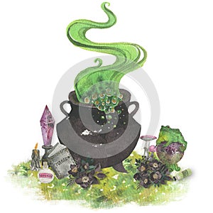 Watercolor witch cauldron photo