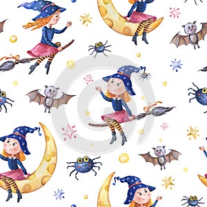Watercolor witch is flying on a broom. Seamless pattern with cute girl