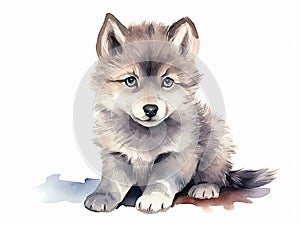 Watercolor wolf cub on white background