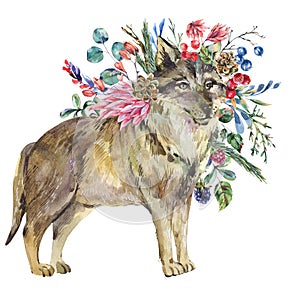 Watercolor wolf with flowers isolated on white background. Forest animals illustration