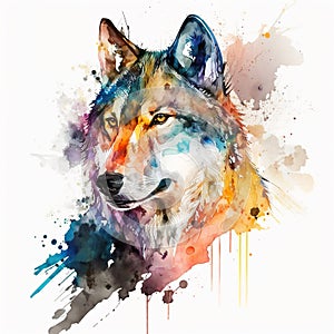 Watercolor wolf portrait painting. Realistic wild animal illustration on white background. Created with Generative AI technology