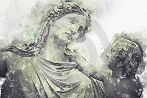 Watercolor, Woman and child Greek sculptures over clouds background