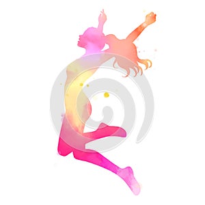 Watercolor of  woman jumping into the air isolated on white background with clipping path. Self-care concept