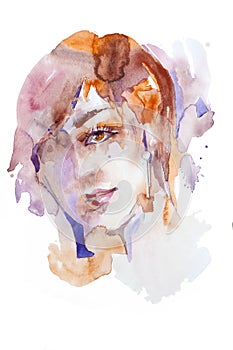 Watercolor woman portrait head brightful color spots