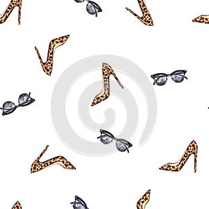 Watercolor women`s leopard shoes and black glasses isolated on white background. Handwork draw of garments. Seamless pattern