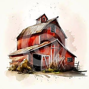 Watercolor Wonder: Captivating Western Barn Farm Scene AI Generated