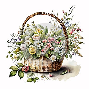 Watercolor Wonder: A Gorgeous Basket Bouquet of Spring\'s Most Delightful Flowers AI Generated