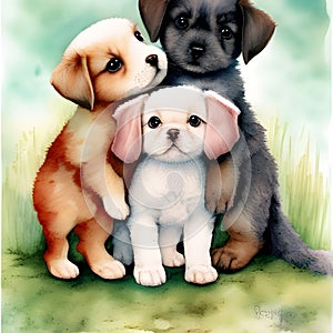 Watercolor Wonders - A Group of Adorable Puppies and Kittens