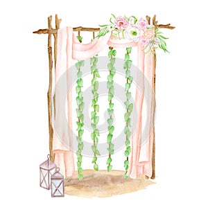 Watercolor wood wedding arch with hanging ivy leaves garlands, flowers, lanterns and pastel curtains. Hand drawn wood