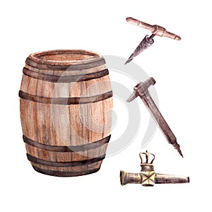 Watercolor wooden barrel with corkscrew, tap and hammer for wine, beer and other alcoholic beverages