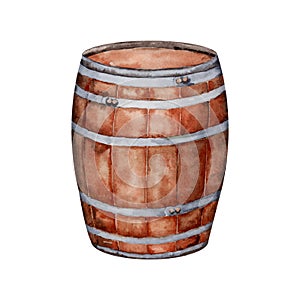 Watercolor wooden barrel isolated on white background. Hand drawn illustration