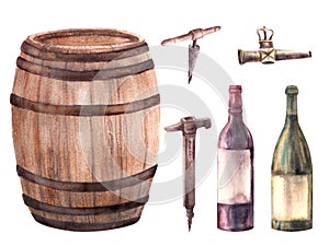 Watercolor wooden barrel with wine bottle, corkscrew, tap, hammer Wine making hand draw illustration