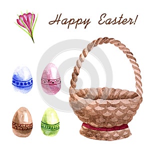 Watercolor wooden basket with Easter eggs isolated on white background