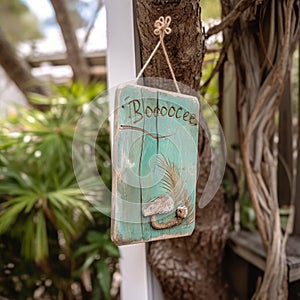 a watercolor wooden beach sign hang on a wood in beach generative AI