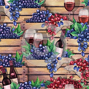 Watercolor wooden boxes with bottles, glasses of red wine and blue and red grapes.