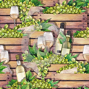 Watercolor wooden boxes with bottles, glasses of white wine and white grapes