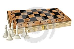 Watercolor wooden chess board box with white figures of king, queen, bishop and knight isolated illustration