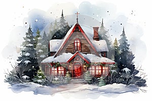 Watercolor wooden house in winter forest. Christmas illustration. Holiday card for design or print