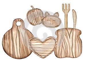 Watercolor Wooden kitchen utencils, tools, boards, plates