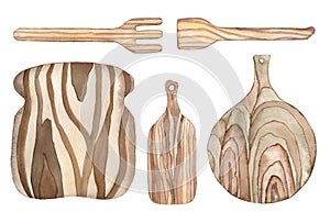Watercolor Wooden kitchen utencils, tools, boards, plates