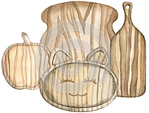 Watercolor Wooden kitchen utencils, tools, boards, plates