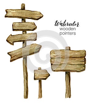 Watercolor wooden sign boards and arrows set. Handpainted collection watercolor wood planks clipart. Rustic illustration