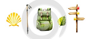 Watercolor wooden sign illlustration with hiking and camping backpack, green leaf, ski pole and touristic symbol of the