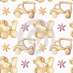 Watercolor Wooden Toys Dog and Machine Seamless Pattern