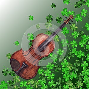 Watercolor wooden vintage violin fiddle musical instrument clover shamrock leaf plant pattern background