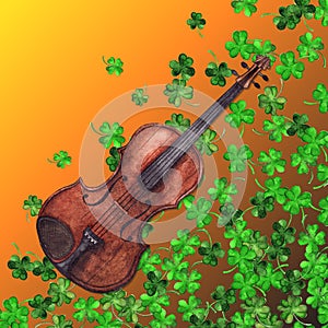 Watercolor wooden vintage violin fiddle musical instrument clover shamrock leaf plant pattern background