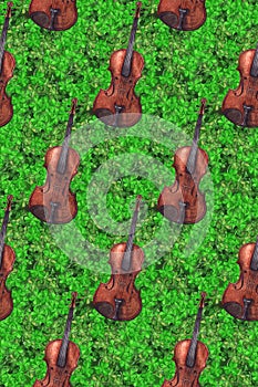 Watercolor wooden vintage violin fiddle musical instrument clover shamrock plant seamless pattern texture background