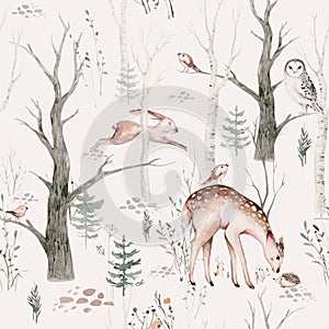 Watercolor Woodland animal Scandinavian seamless pattern. Fabric wallpaper background with Owl, hedgehog, fox and