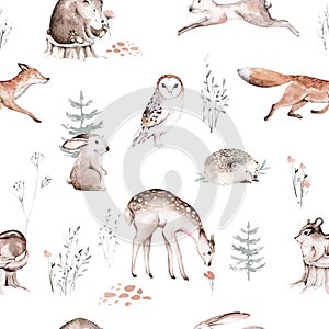 Watercolor Woodland animal Scandinavian seamless pattern. Fabric wallpaper background with Owl, hedgehog, fox and