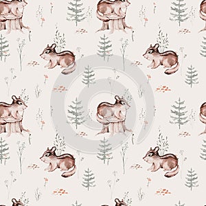 Watercolor Woodland animal Scandinavian seamless pattern. Fabric wallpaper background with Owl, hedgehog, fox and