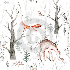 Watercolor Woodland animal Scandinavian seamless pattern. Fabric wallpaper background with Owl, hedgehog, fox and