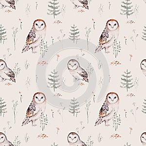 Watercolor Woodland animal Scandinavian seamless pattern. Fabric wallpaper background with Owl, hedgehog, fox and