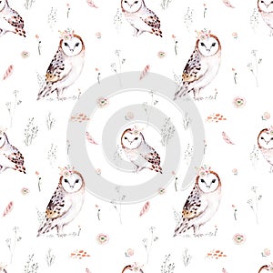 Watercolor Woodland animal Scandinavian seamless pattern. Fabric wallpaper background with Owl, hedgehog, fox and butterfly,