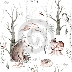 Watercolor Woodland animal Scandinavian seamless pattern. Fabric wallpaper background with Owl, hedgehog, fox and