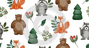 Watercolor woodland animals pattern for baby or kids. Cute forest bunny, teddy, fox and raccoon with leaf and pine tree